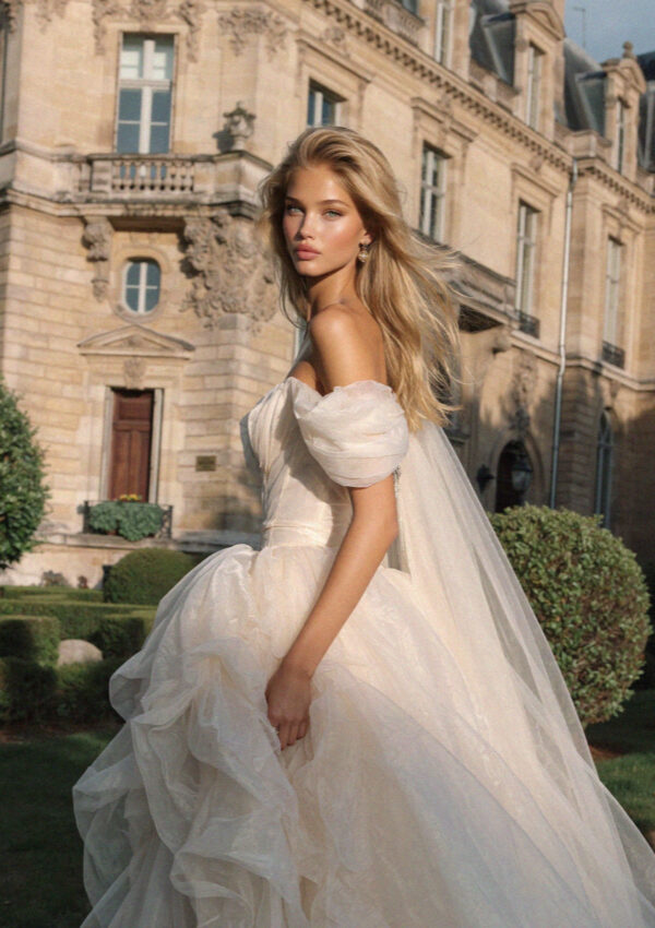 Victoria van der Berg in a structured tulle wedding gown before the honey stone facade of a grand Lake Como villa