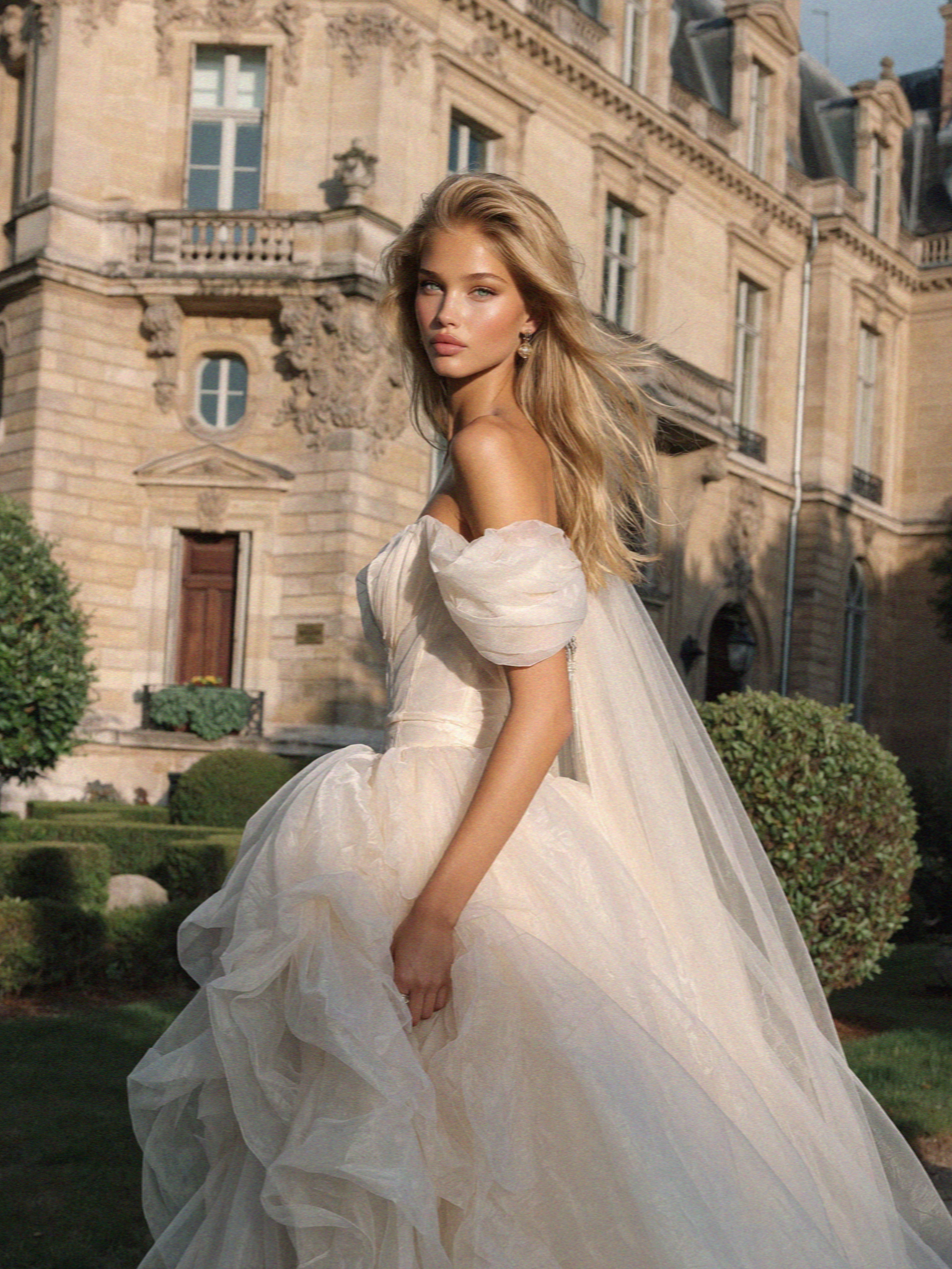Victoria van der Berg in a structured tulle wedding gown before the honey stone facade of a grand Lake Como villa