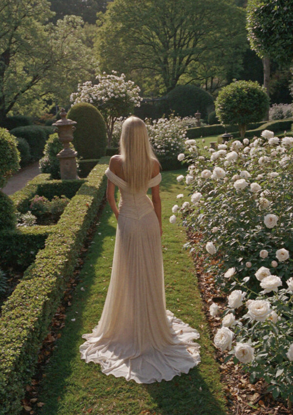Victoria van der Berg in a silk column wedding dress walking a formal rose garden path at a villa on Lake Como