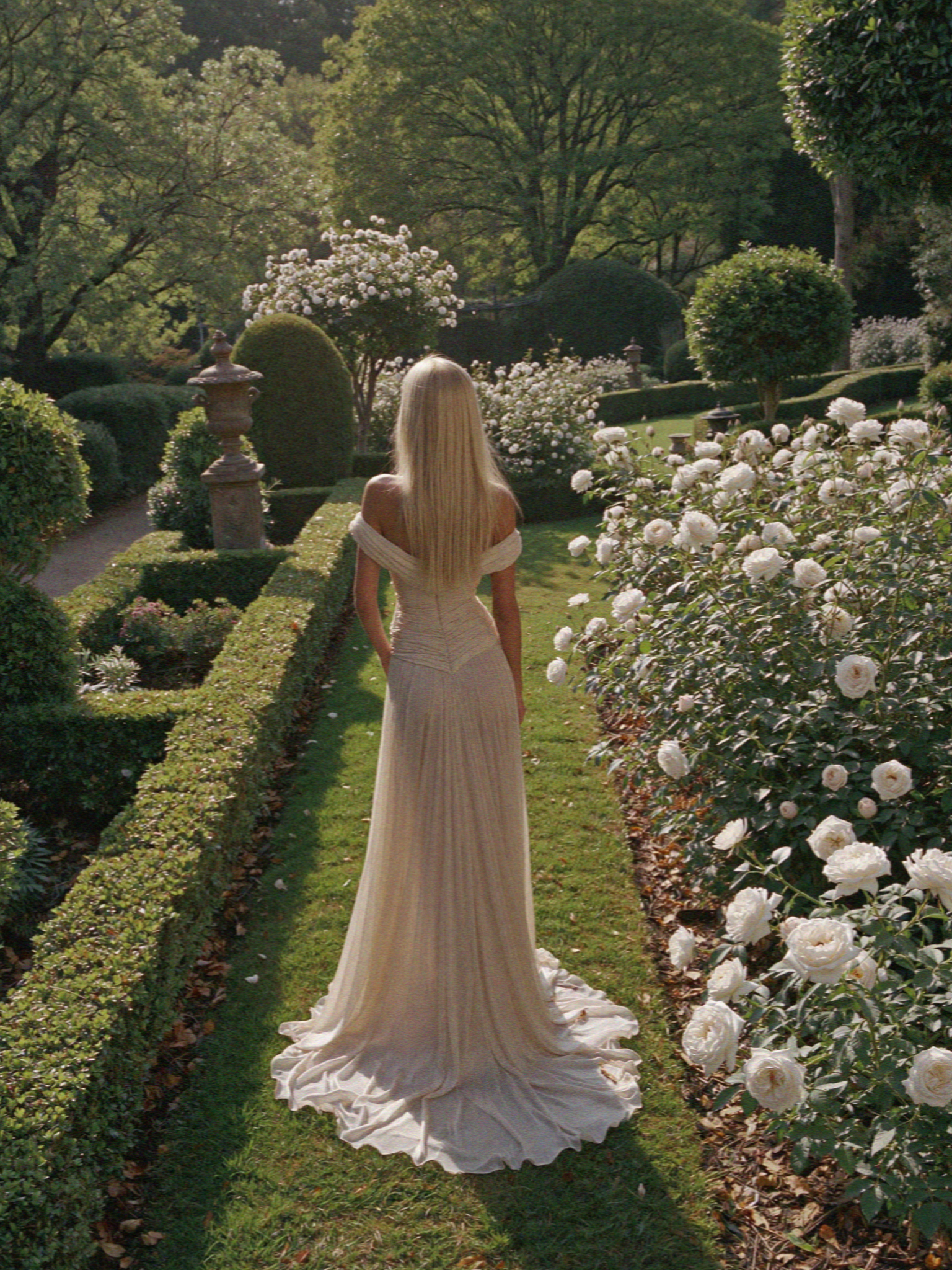 Victoria van der Berg in a silk column wedding dress walking a formal rose garden path at a villa on Lake Como