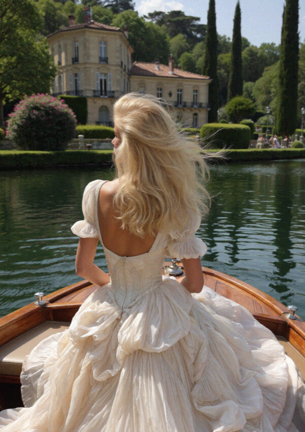 Victoria van der Berg in an ivory silk wedding gown at the back of a classic wooden Riva boat on Lake Como