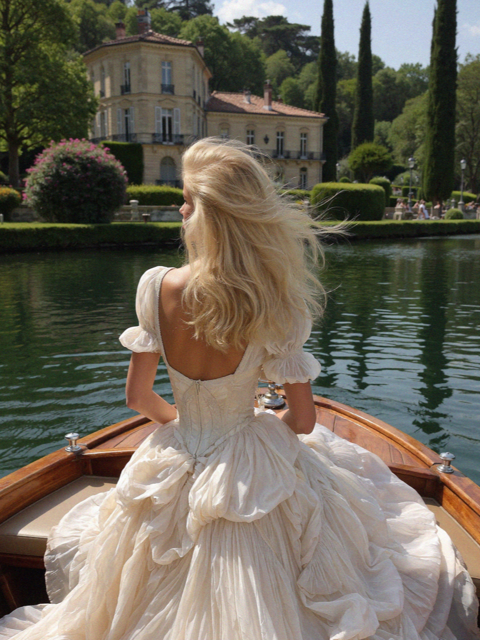 Victoria van der Berg in an ivory silk wedding gown at the back of a classic wooden Riva boat on Lake Como