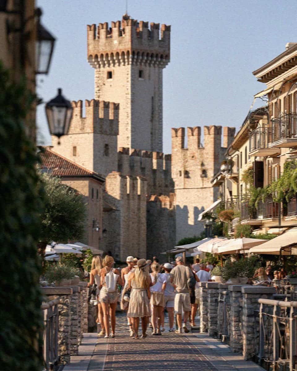 Sirmione old town and the Scaligero castle tower, Lake Garda