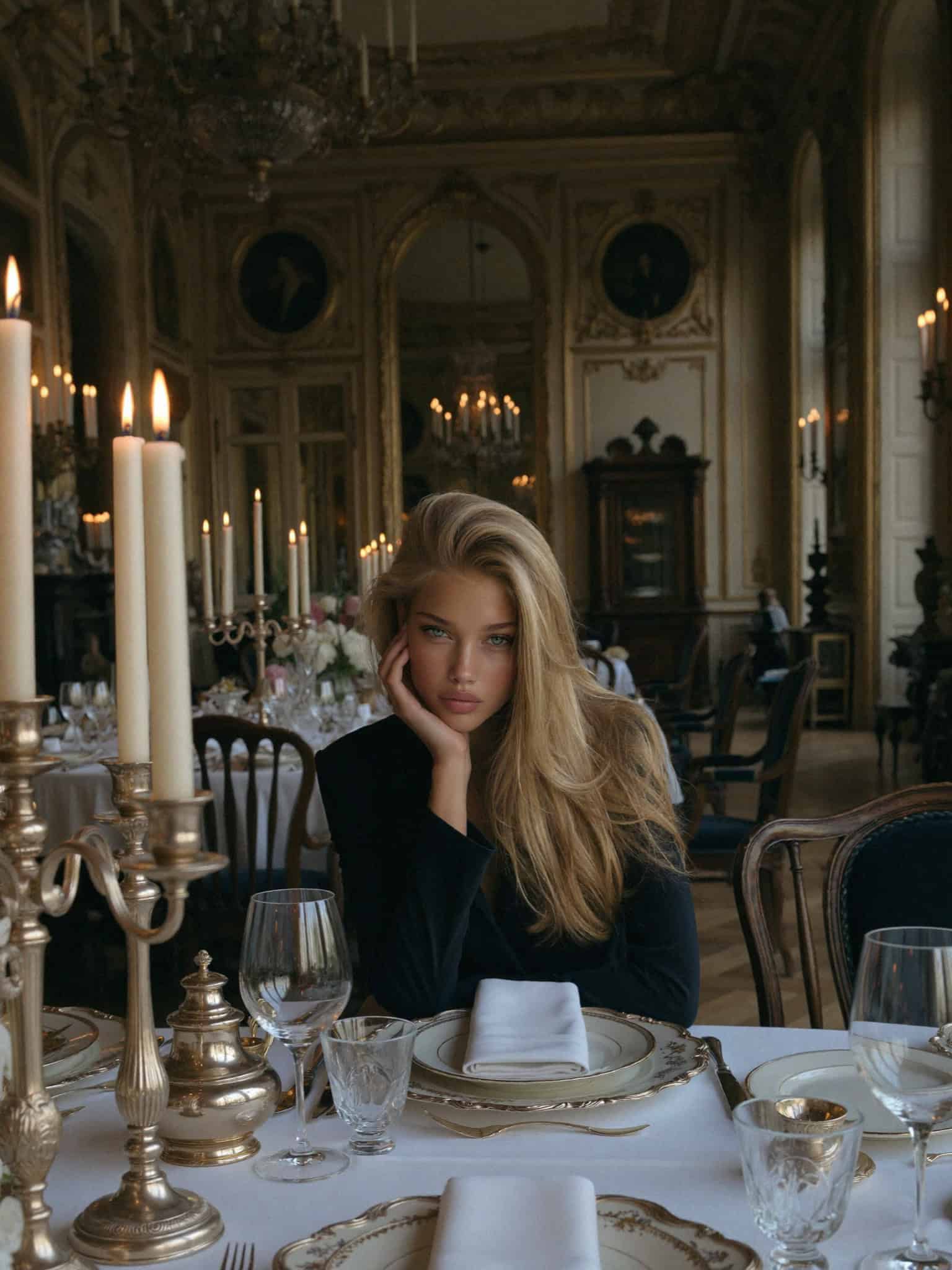 Victoria at dinner in the grand belle epoque dining room