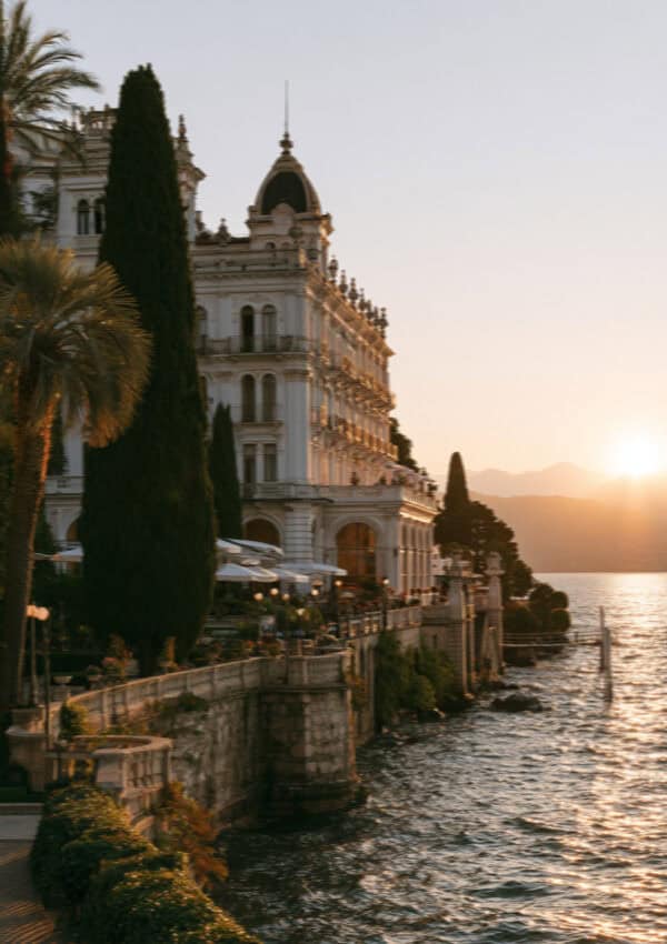 The belle epoque grand hotel on Lake Maggiore at golden hour