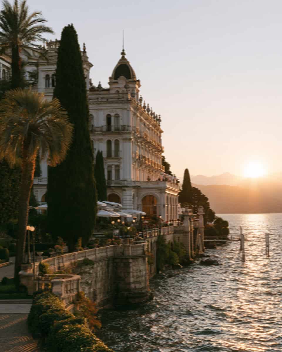 The belle epoque grand hotel on Lake Maggiore at golden hour