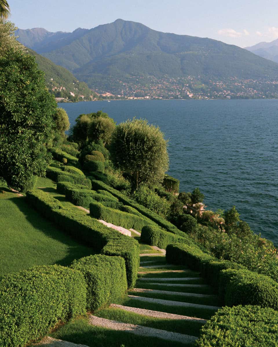 The clipped gardens descending to Lake Maggiore