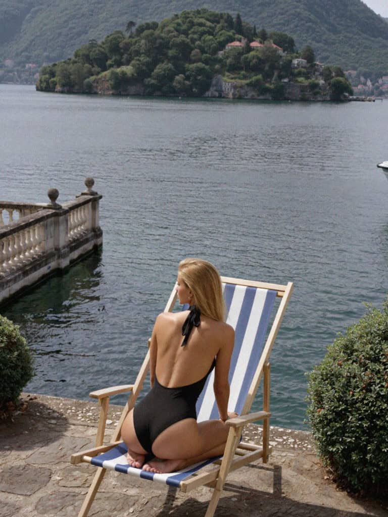 Victoria on a striped lounger at the pool above Lake Maggiore