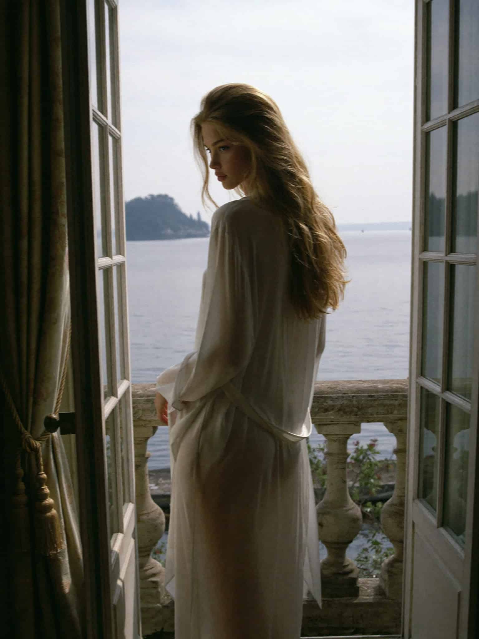 Victoria in a robe at the window of her Lake Maggiore hotel room