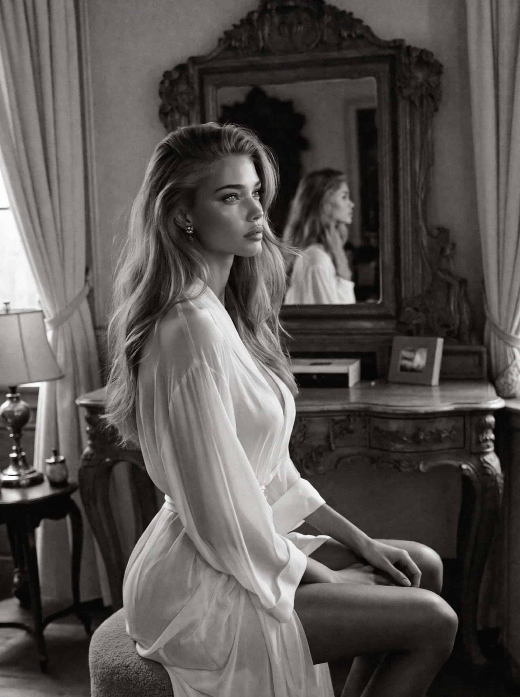 Victoria in her hotel suite, black and white