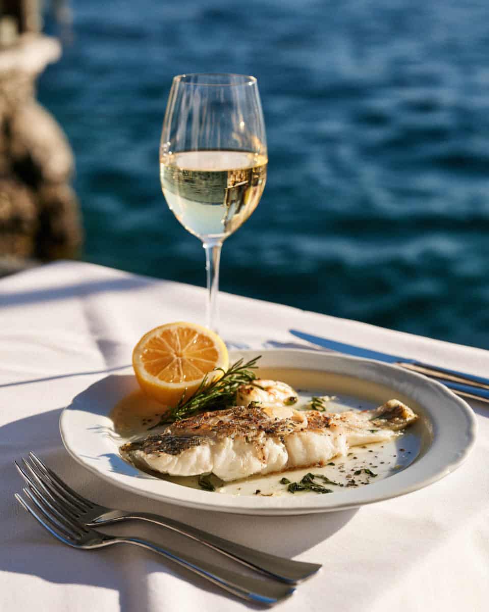 Lake fish and white wine on the hotel terrace