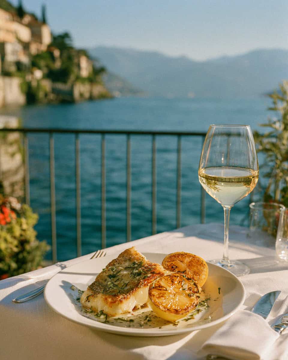 Lake fish and pale wine on the terrace over Lake Maggiore