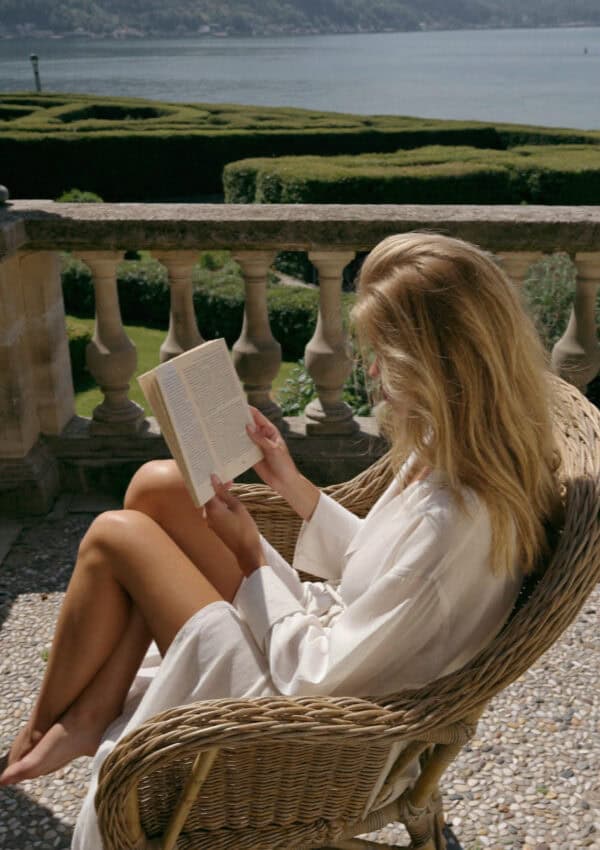 Victoria reading on the hotel terrace over Lake Maggiore