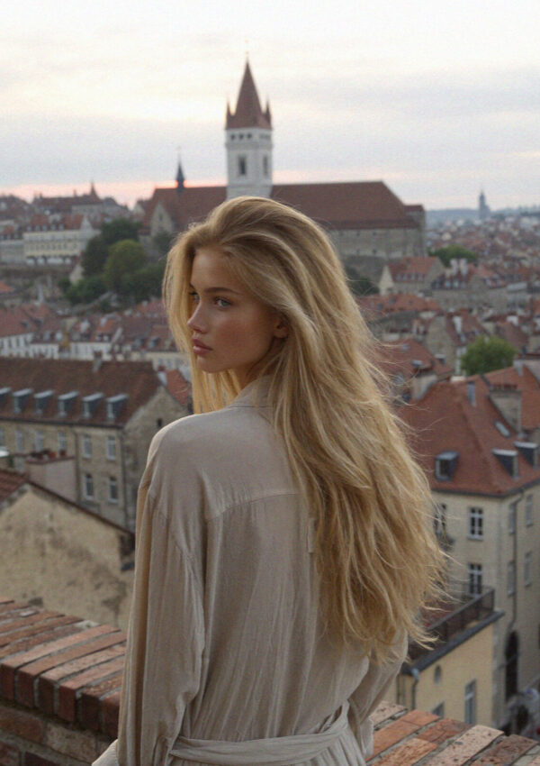 Victoria van der Berg in a white dress on a terrace overlooking the red rooftops and a church tower of Lucca