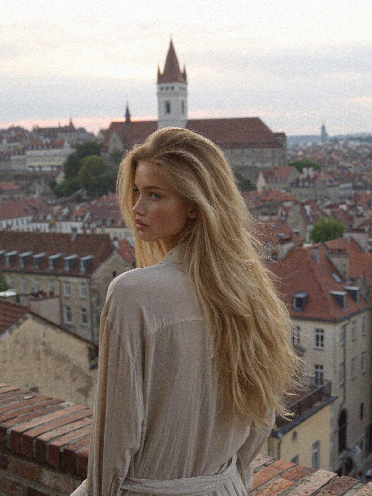 Blonde woman in a white dress on a terrace overlooking the red rooftops and a church tower of Lucca