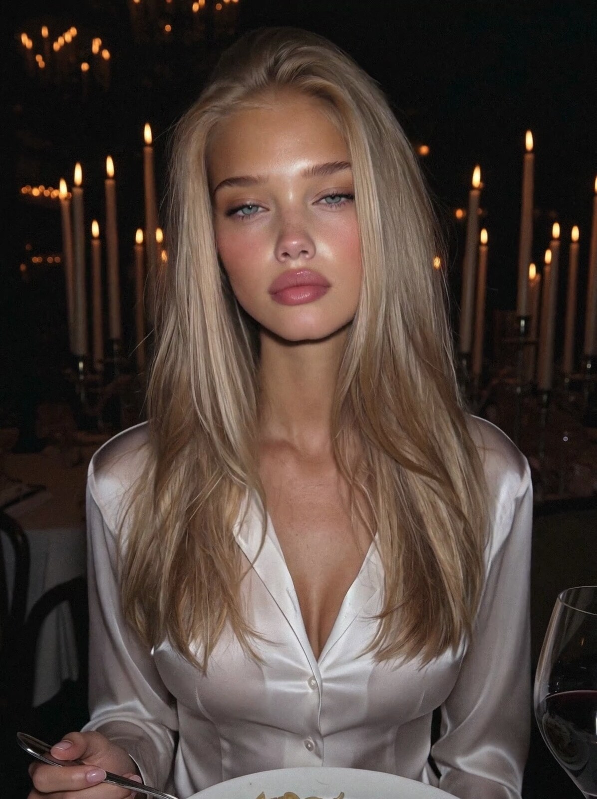 Blonde woman in a silk blouse at a candlelit dinner table in a Lucca trattoria with wine