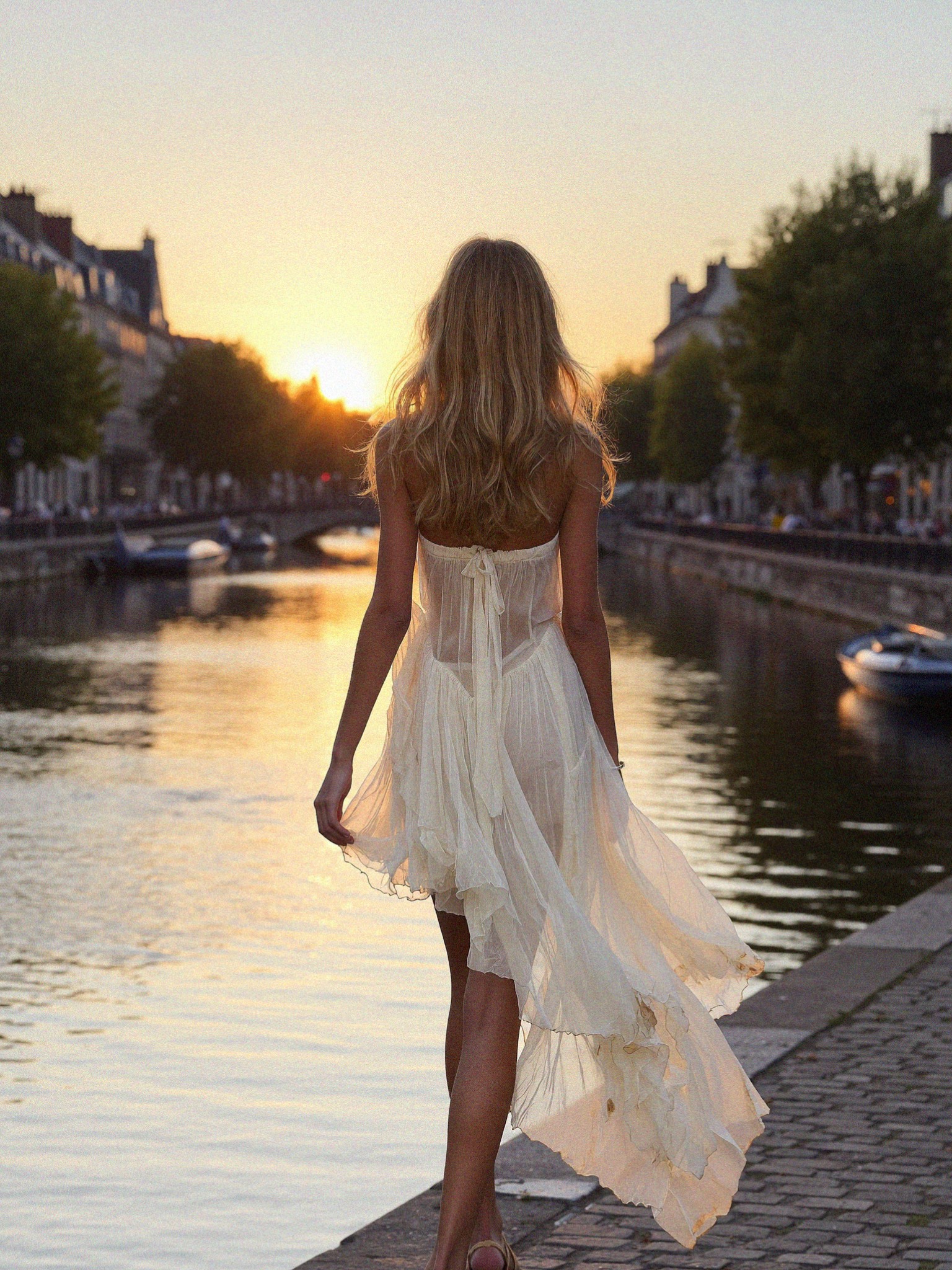 Victoria van der Berg walking beside a Milan canal at sunset