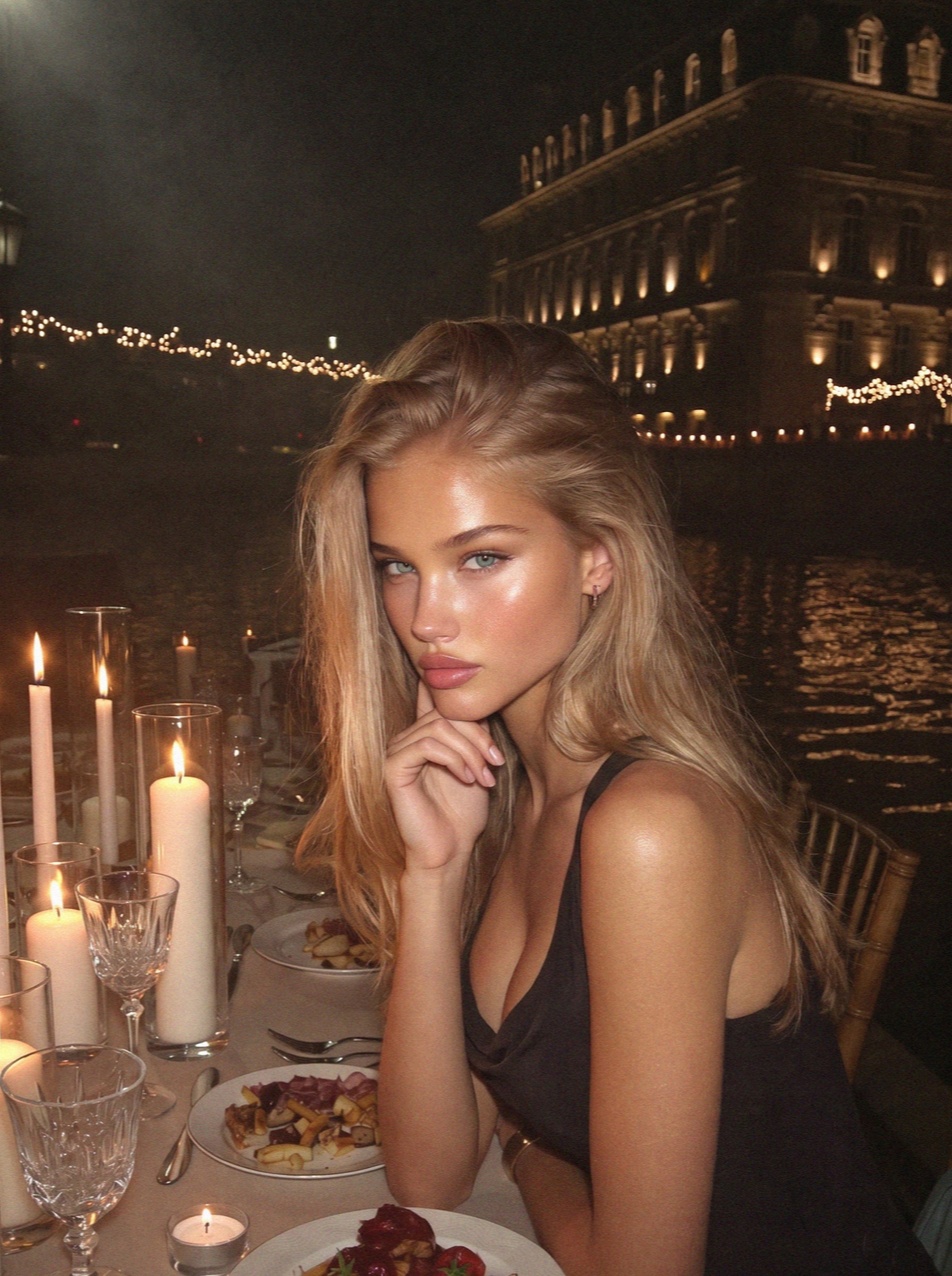 Victoria van der Berg at an evening table near the Duomo in Milan