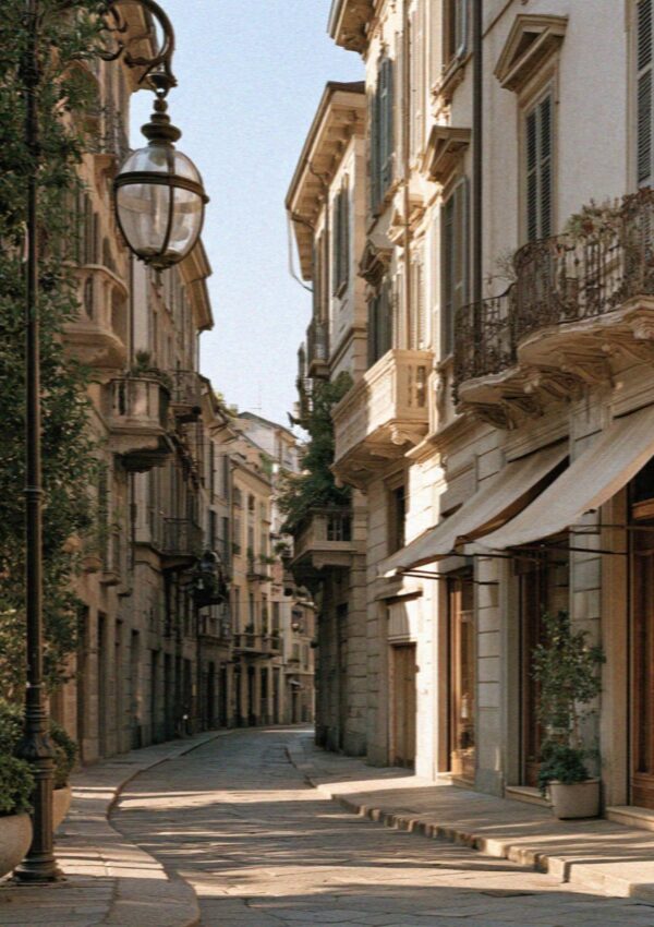 A deserted shuttered street in Milan during the August holidays