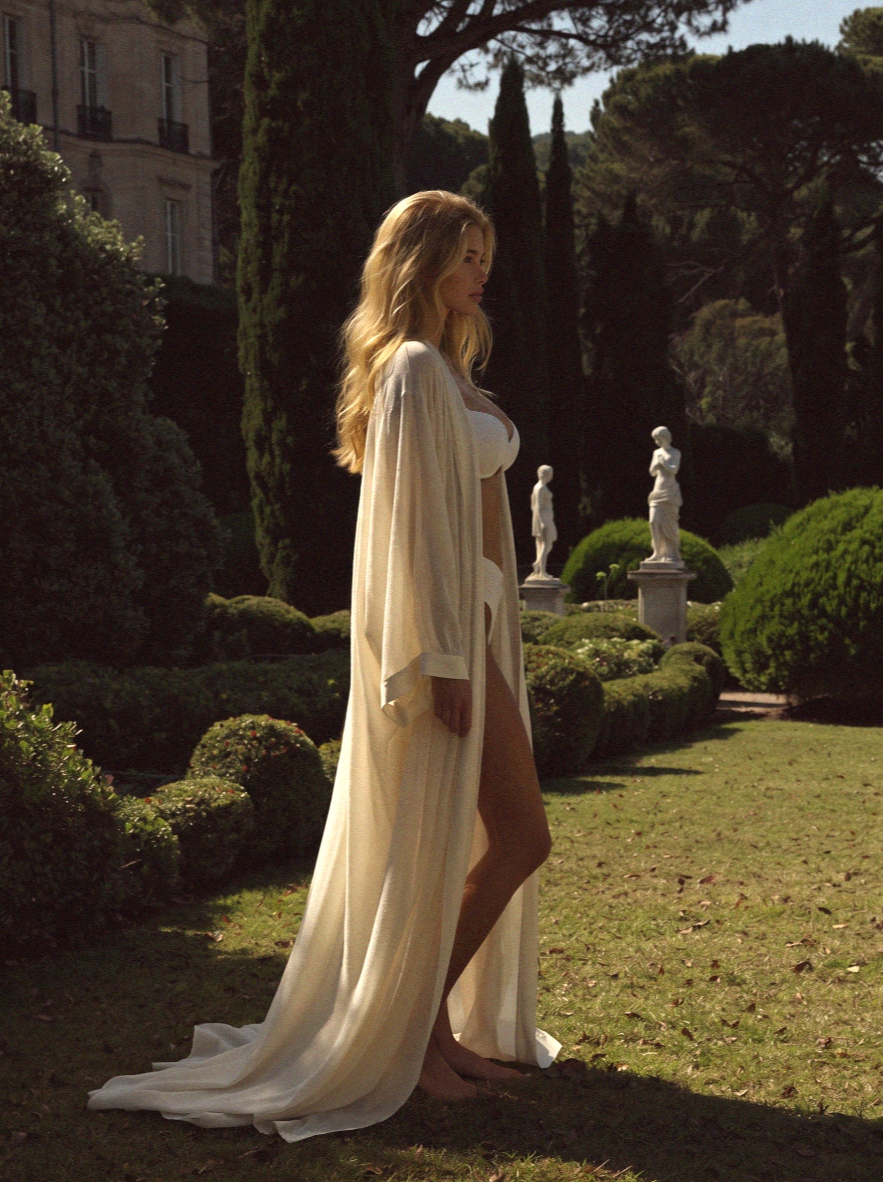 Victoria van der Berg in the clipped garden of a villa outside Milan