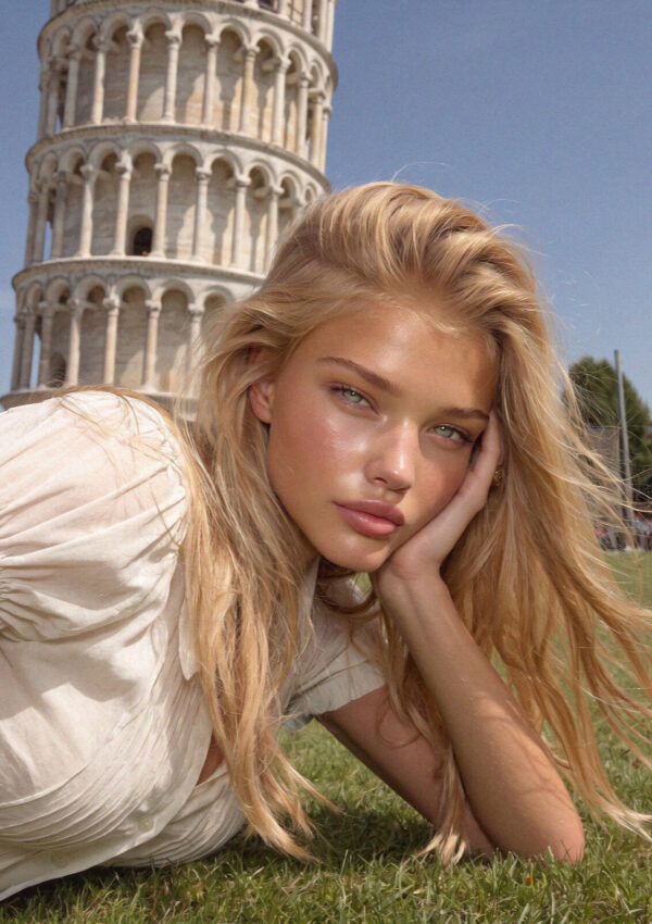 Victoria van der Berg in a white dress on the grass of Piazza dei Miracoli with the Leaning Tower of Pisa behind her
