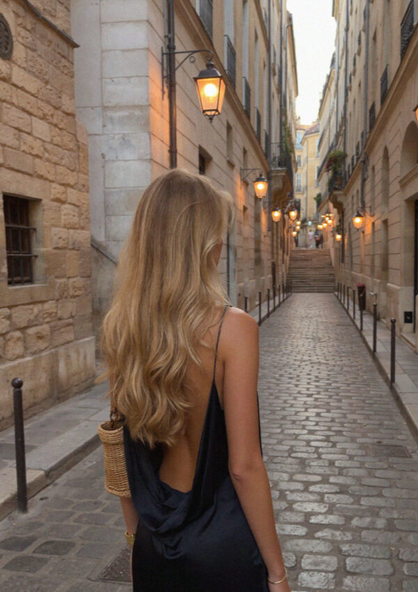 Victoria van der Berg in an old town alley at dusk in Polignano a Mare