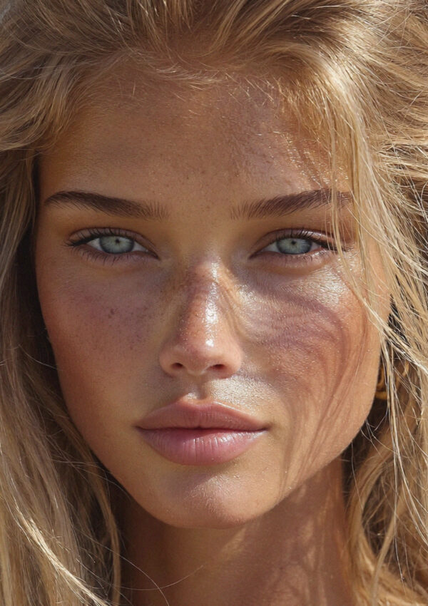 A close portrait of Victoria van der Berg on the Salento coast near Lecce, sun on her face