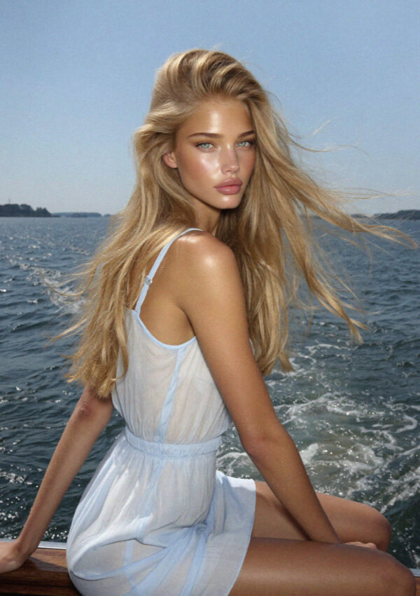 Victoria van der Berg in beige with the domes of the Grand Canal and the Salute behind.