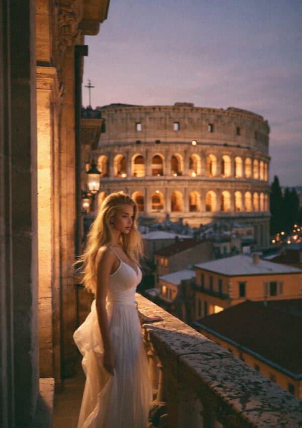 Victoria before the illuminated Arena at dusk, Verona