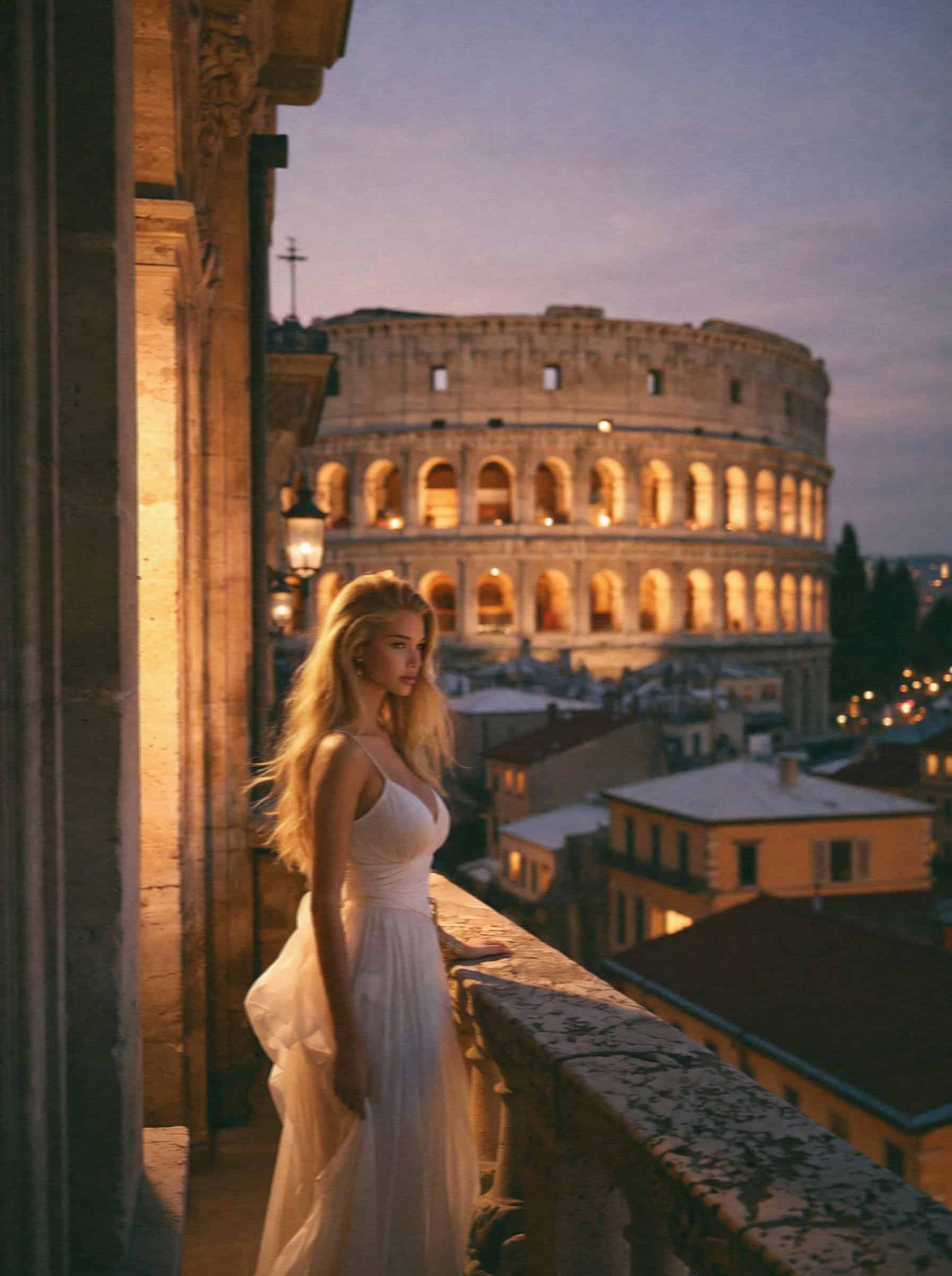 Victoria before the illuminated Arena at dusk, Verona