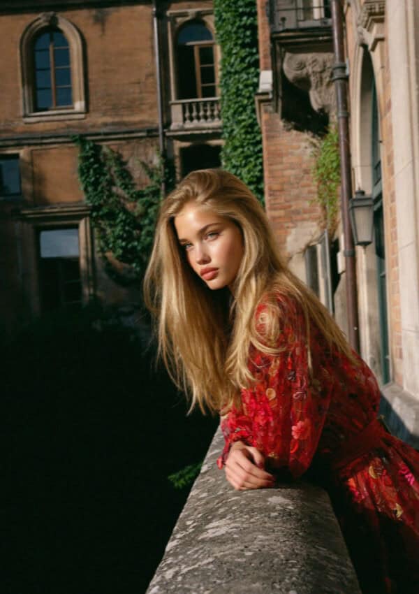 Victoria in a red floral dress on an ivy-covered balustrade above Verona