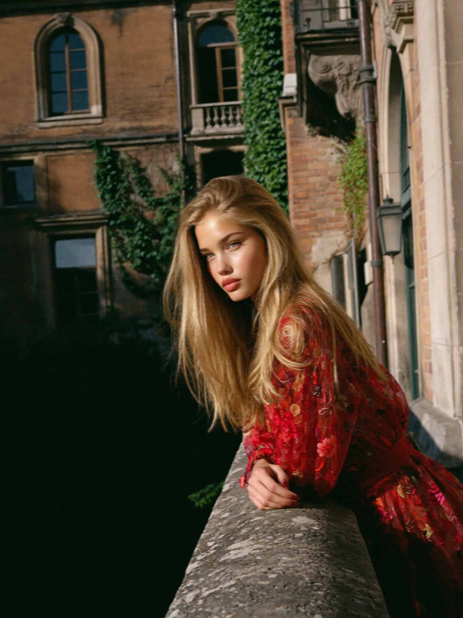 Victoria in a red floral dress on an ivy-covered balustrade above Verona