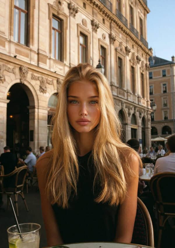 Victoria at an outdoor cafe table in Verona