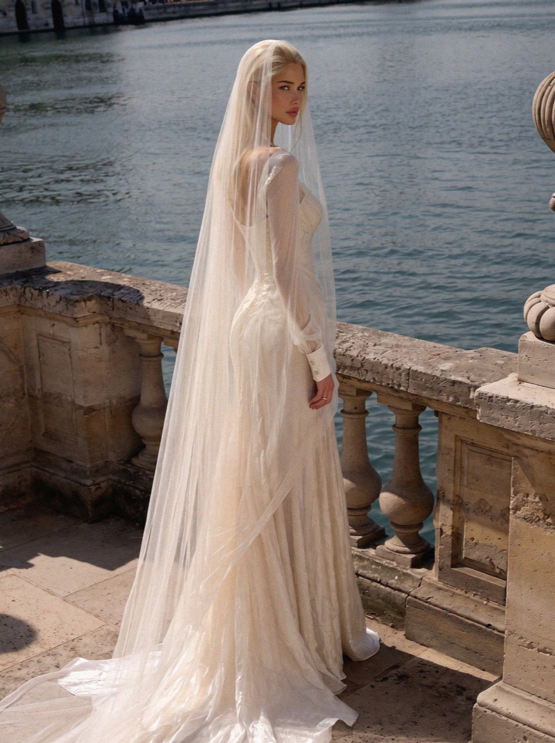Victoria van der Berg in an ivory silk wedding gown with a long veil on a tiered stone loggia above Lake Como