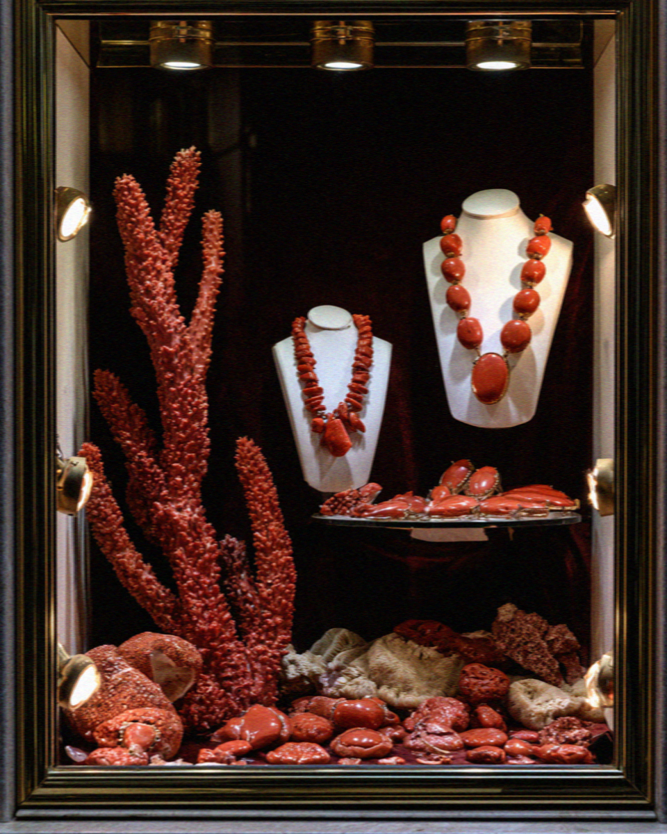 Red coral in a jeweller's window in Alghero, Sardinia