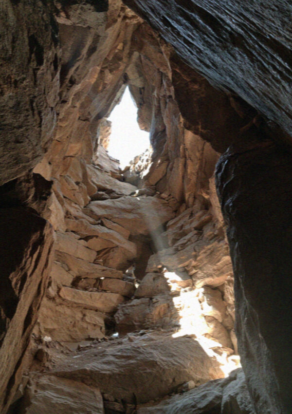 Looking up inside a corbelled nuraghe chamber near Cagliari, Sardinia