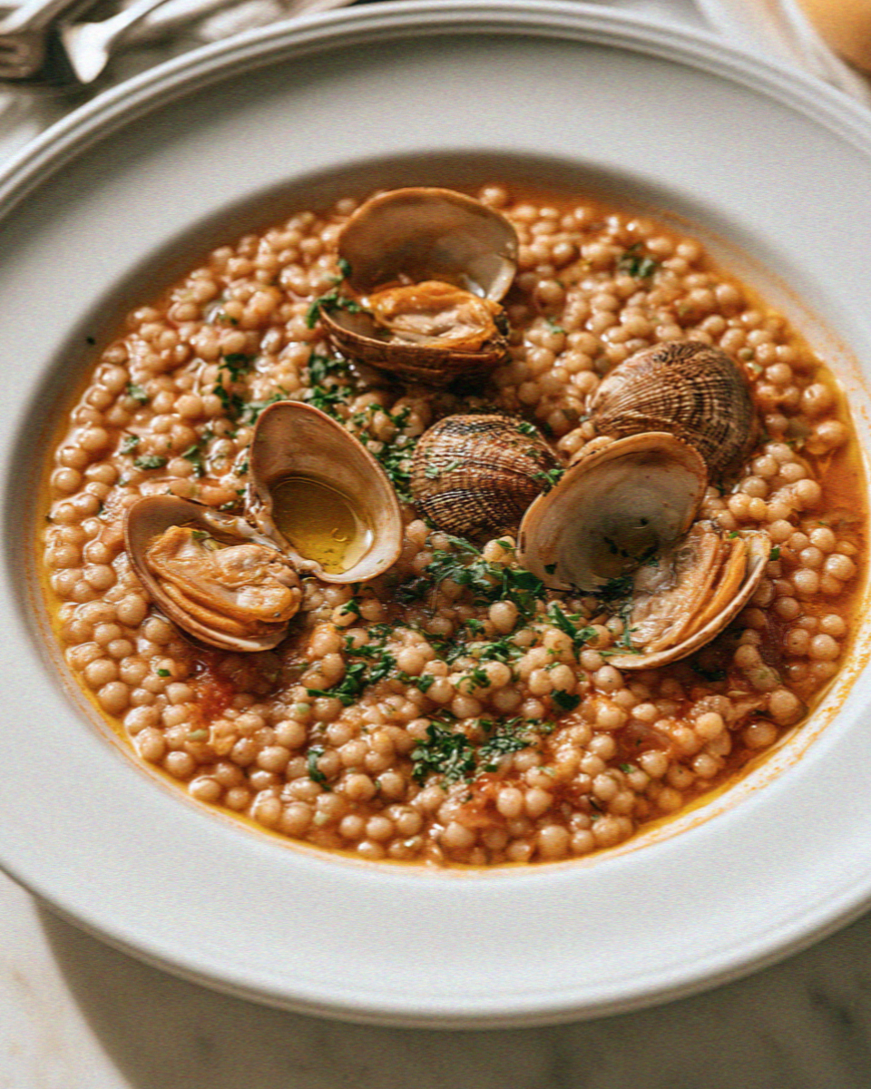 Fregola with clams on a table in Cagliari, Sardinia