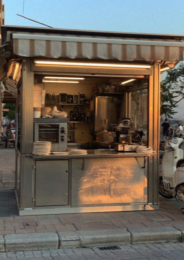 A late evening food counter in the Marina quarter of Cagliari in Sardinia
