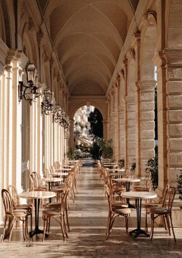 The arcade in Corfu Town early in the morning in the Ionian islands