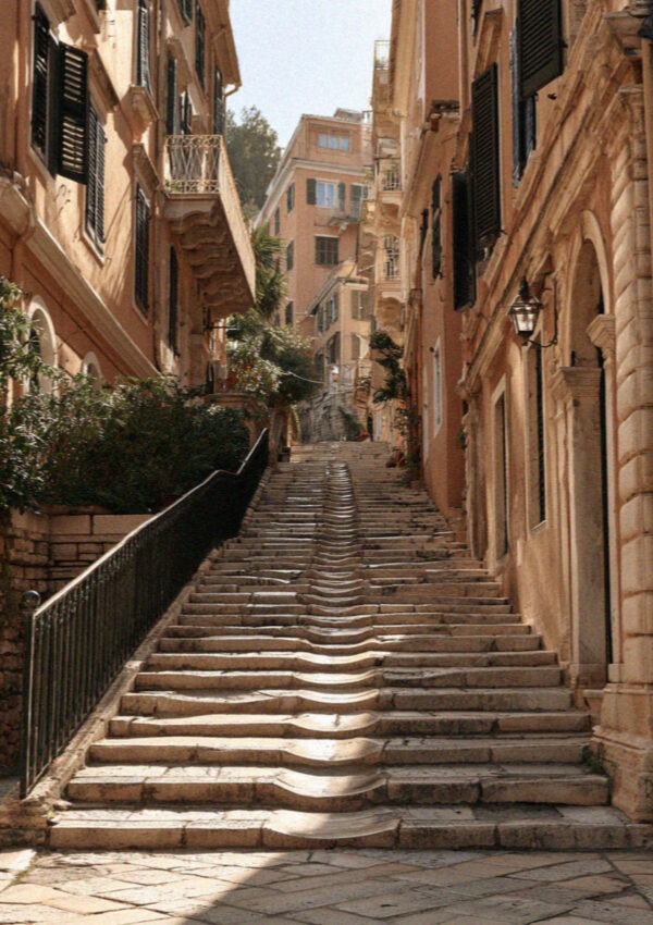 A worn stepped lane in Corfu Town in the Ionian islands