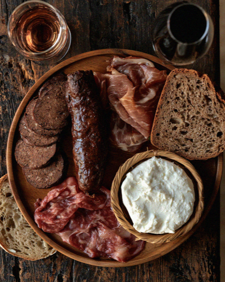 Corsican charcuterie and fresh brocciu cheese on a board in Corsica
