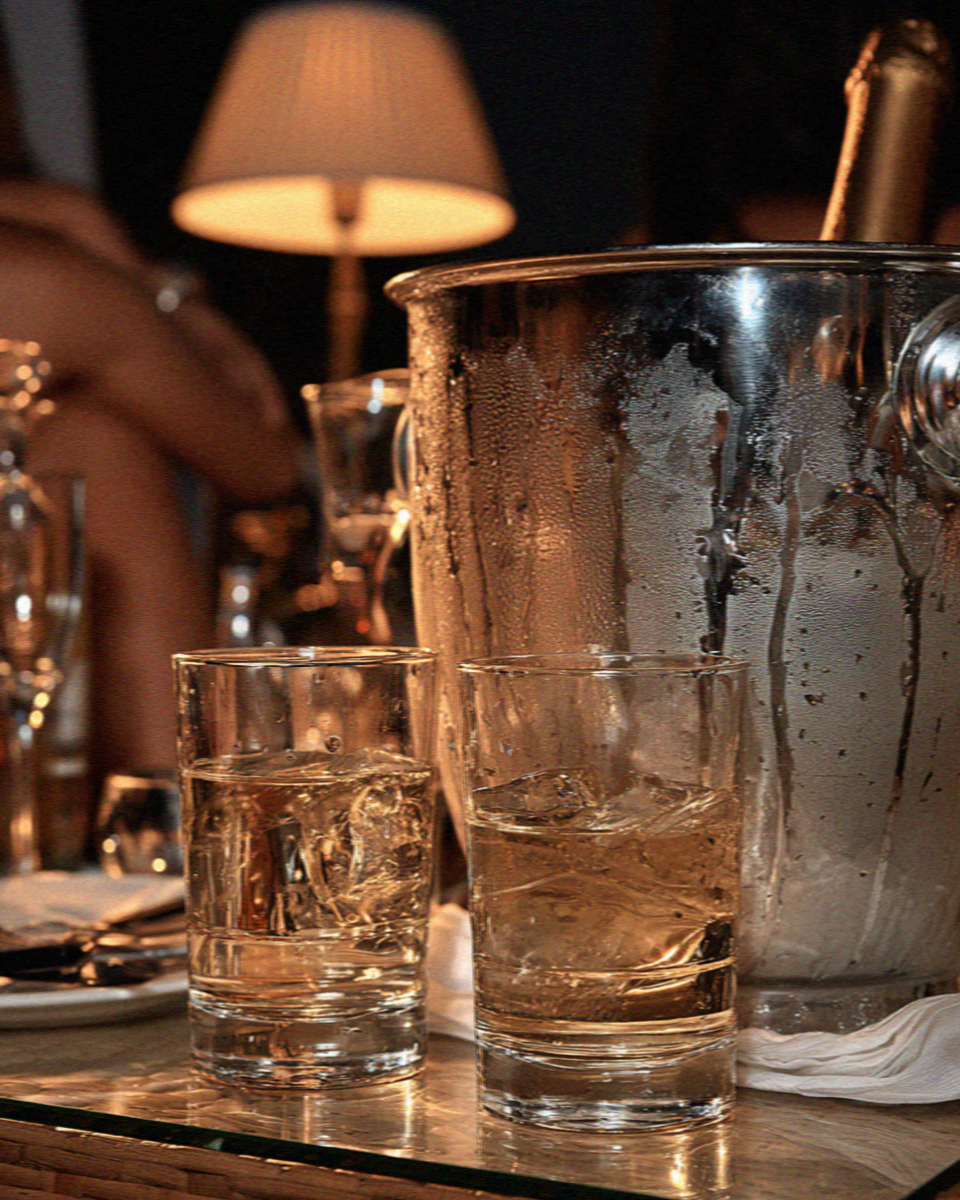 An ice bucket and glasses at a club on the Costa Smeralda in Sardinia at night