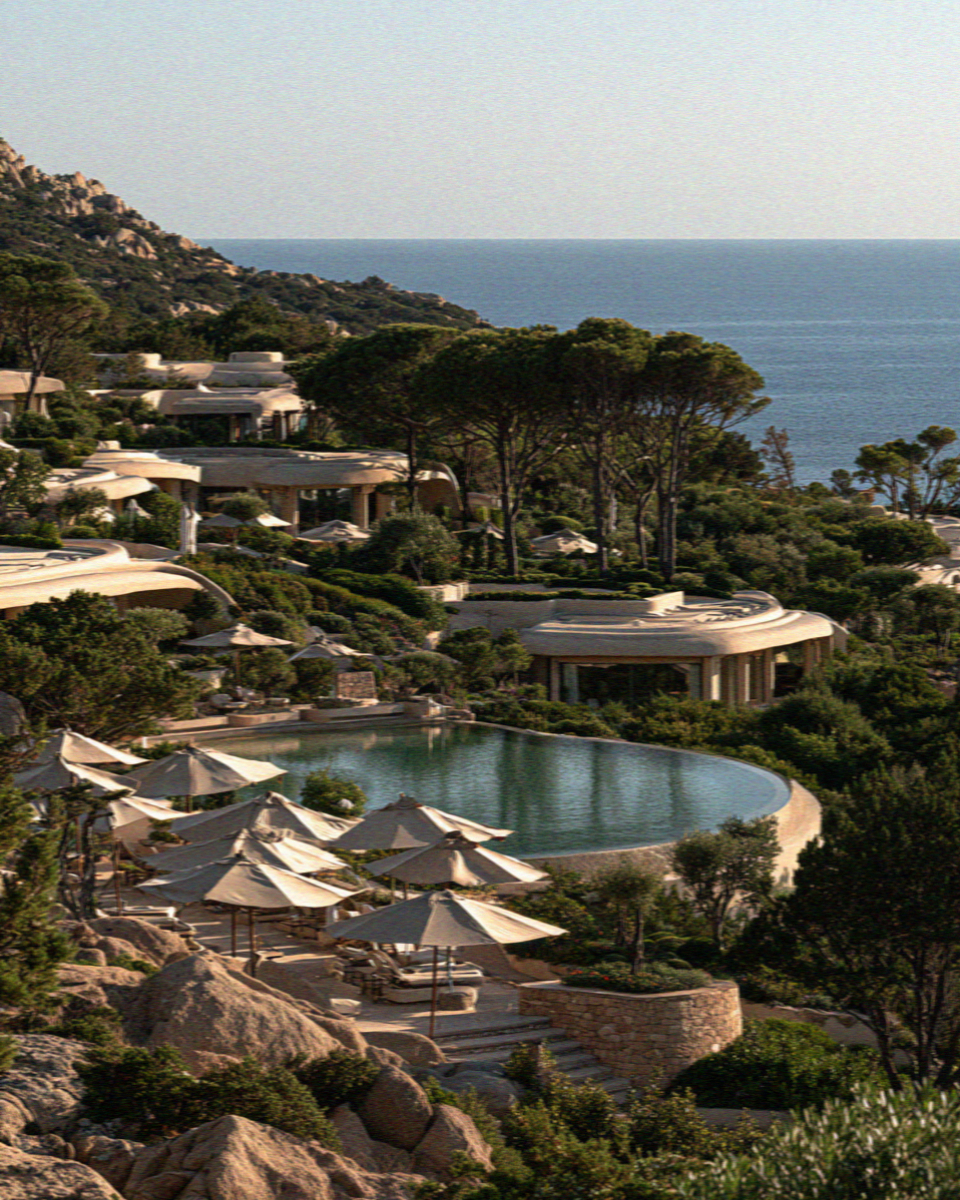 A low resort hotel among junipers on the Costa Smeralda in Sardinia