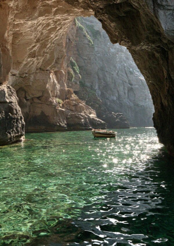 The green water inside the great sea cave on Filicudi in the Aeolian Islands
