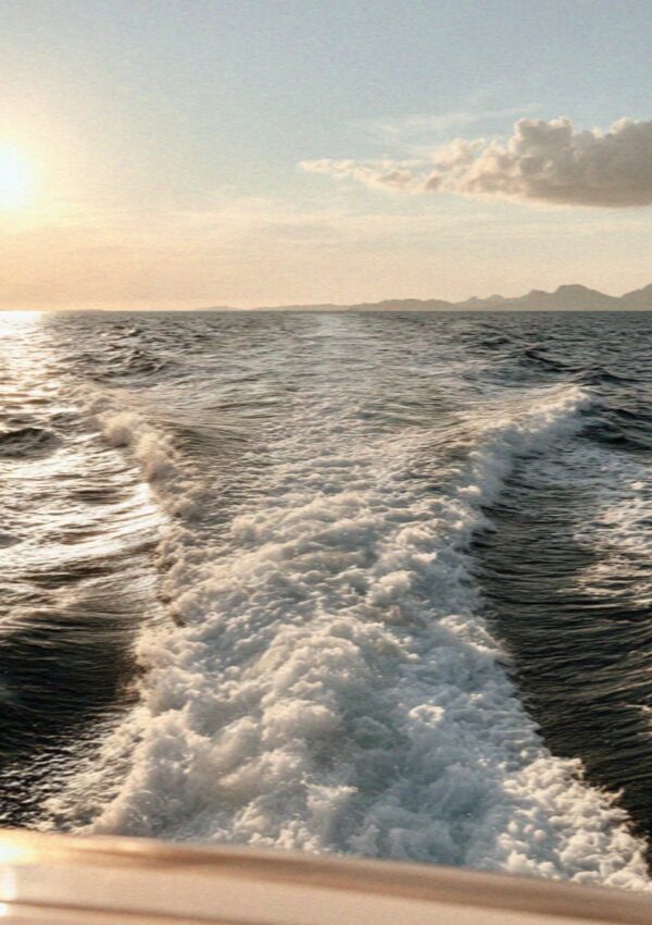The wake of a boat in late afternoon light north of the Costa Smeralda in Sardinia