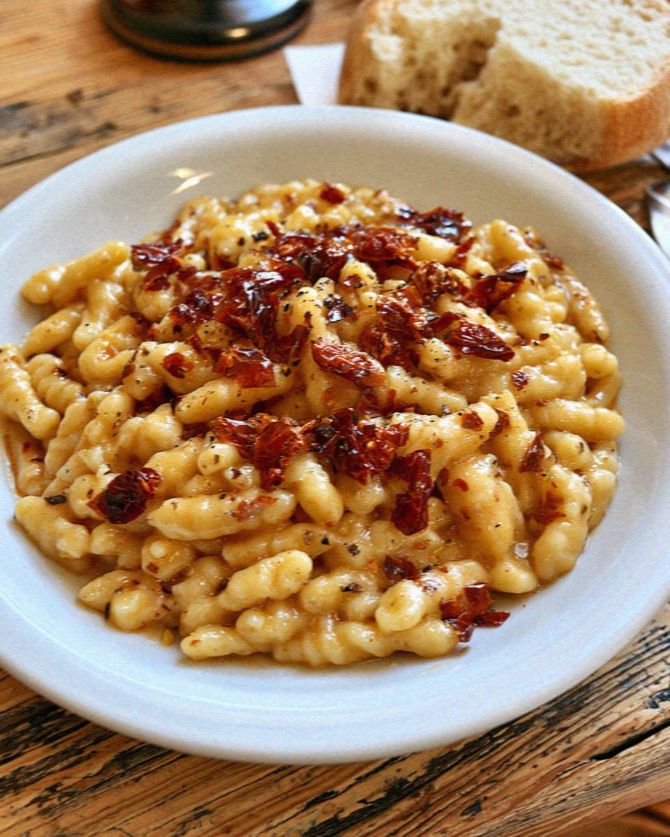 Cavatelli with peperoni cruschi and Matera bread in a cave restaurant in Matera