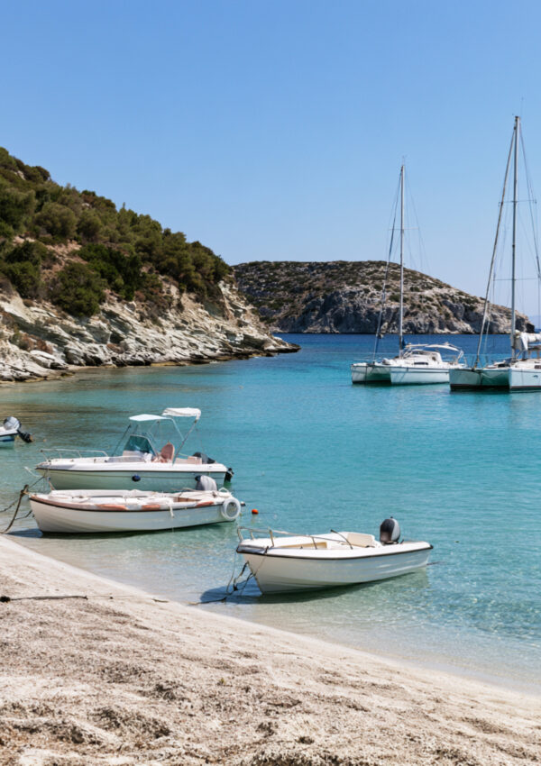 Small white boats and two yachts moored in a clear turquoise cove on Mykonos