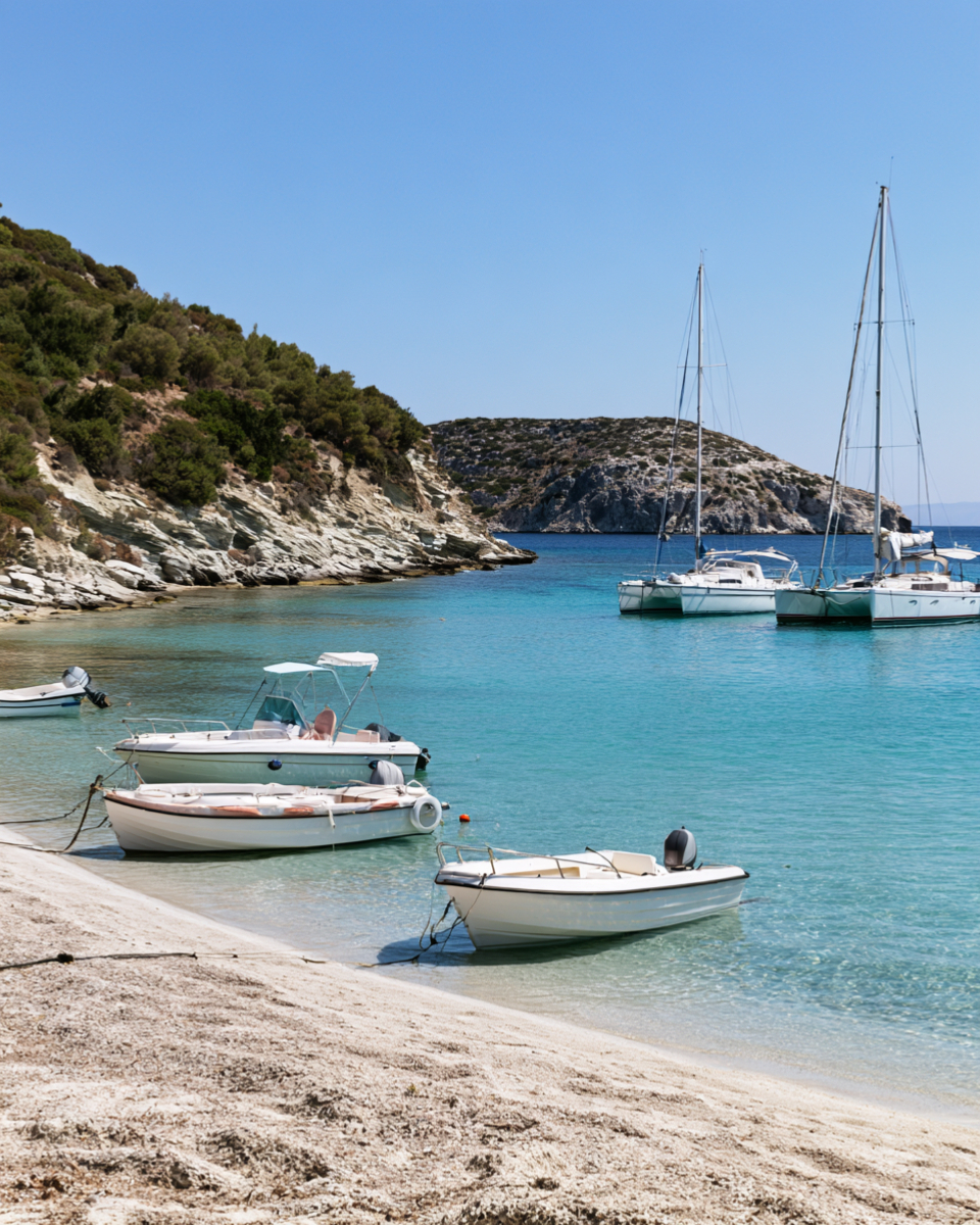 Small white boats and two yachts moored in a clear turquoise cove on Mykonos