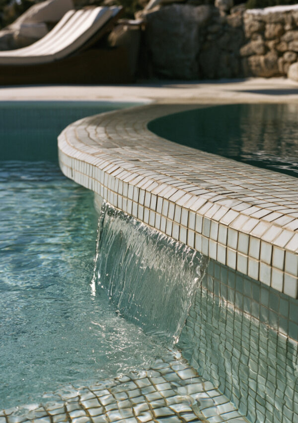 The curved tiled edge of a Mykonos pool where the water spills into the pool below