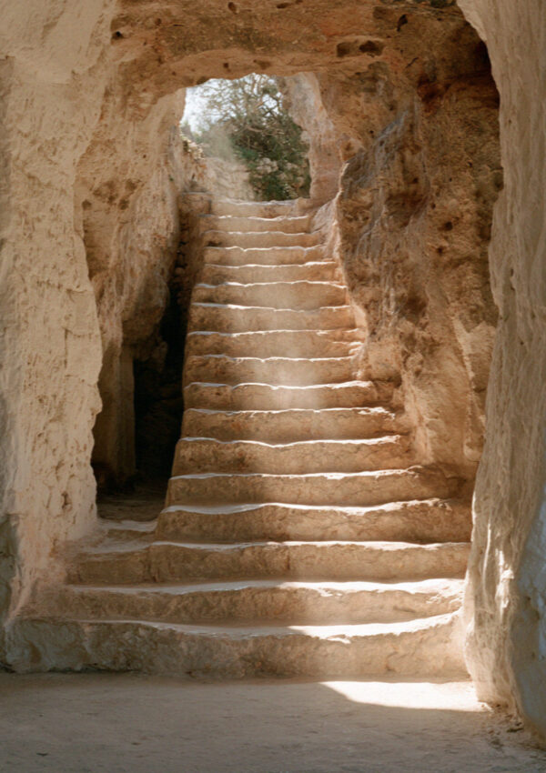 Rock-cut steps down into an underground olive mill near Ostuni in Puglia